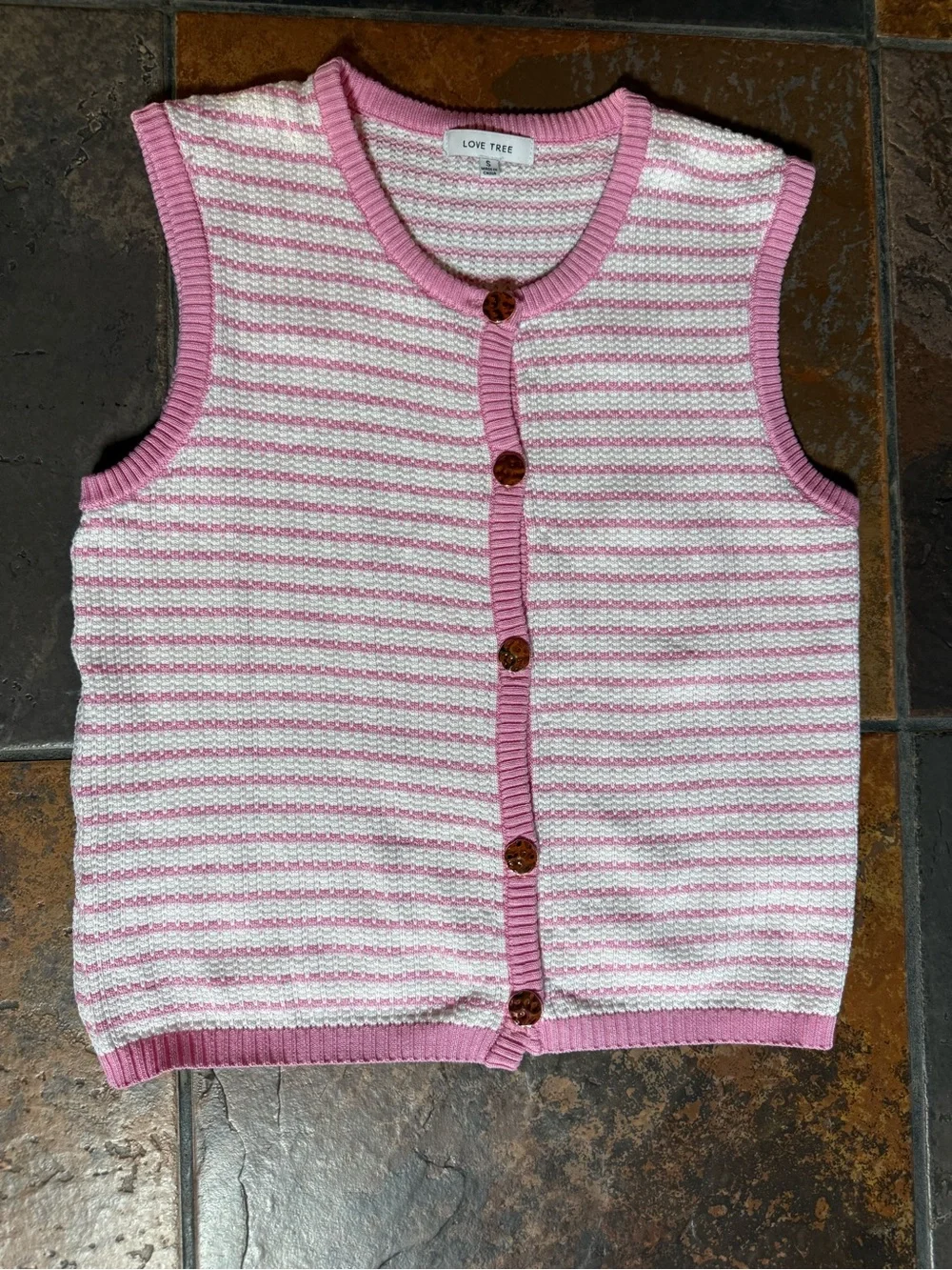 Love Tree Pink & White Striped Sleeveless Button Cardigan